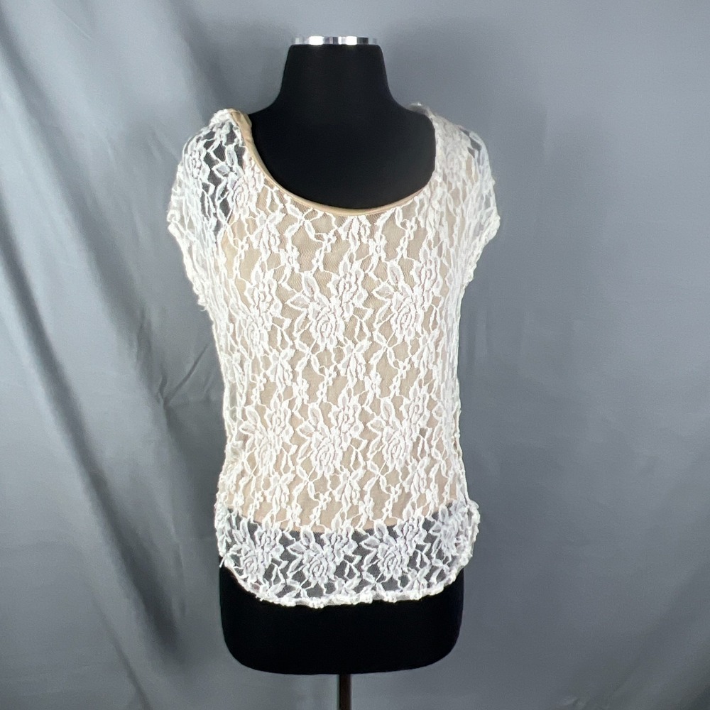 Julie's Closet Sheer Lace Blouse Top Womens XL White Floral Scoop Neck Tie Back